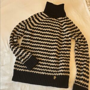 Tory Burch Navy and Cream Striped Turtleneck Wool Knit Sweater stunning